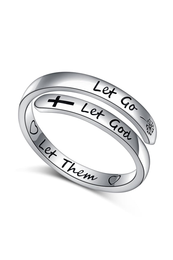 Adjustable Inspirational Rings 925 Sterling Silver Cross Dandelion Stacking Wrap Spiral Twist Statement Band Encouragement Jewelry Heartfelt Gifts for Women Yoga Lover(Let Them Let Go Let God) C113