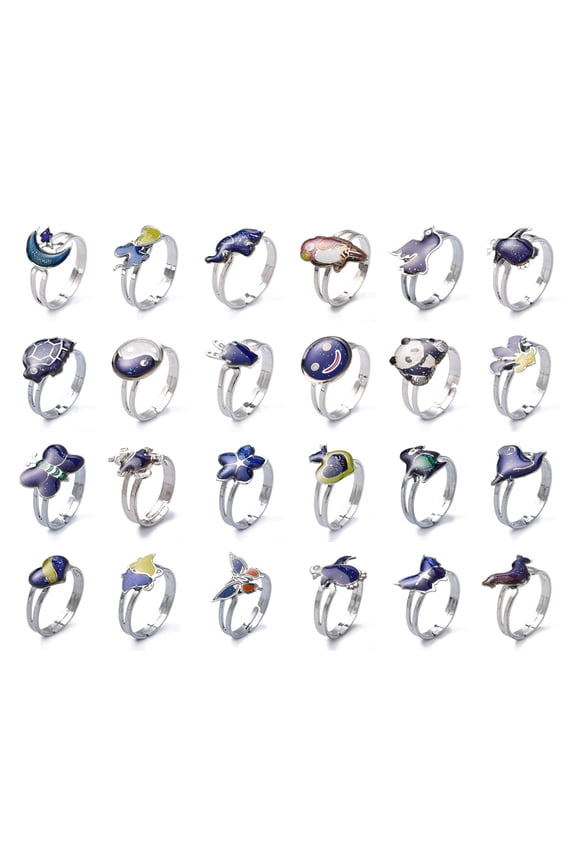 Adjustable Iron Changing Mood Rings with Brass Findings Cartoon Mixed Size Platinum Black 16-20mm Inner Diameter 100pcs/box