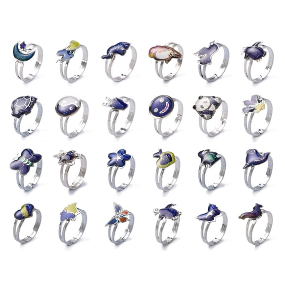 Adjustable Iron Changing Mood Rings with Brass Findings Cartoon Mixed Size Platinum Black 16-20mm Inner Diameter 100pcs/box