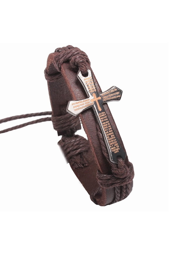 Adjustable Iron Leather Cord Bracelets Cross with Word (Font Random Single color or Random Mixed color) Silver color Plated Brown 2-3/8 inch(60mm)
