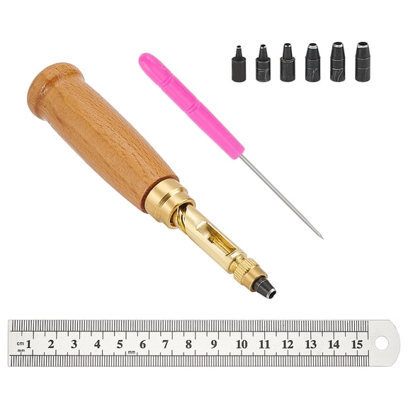 Adjustable Japanese Screw Punch Sets Wood Handle Brass Leather Hole Puncher with 5 Tips & Plastic Handle Iron Bead Awls & Stainless Steel Ruler Hole