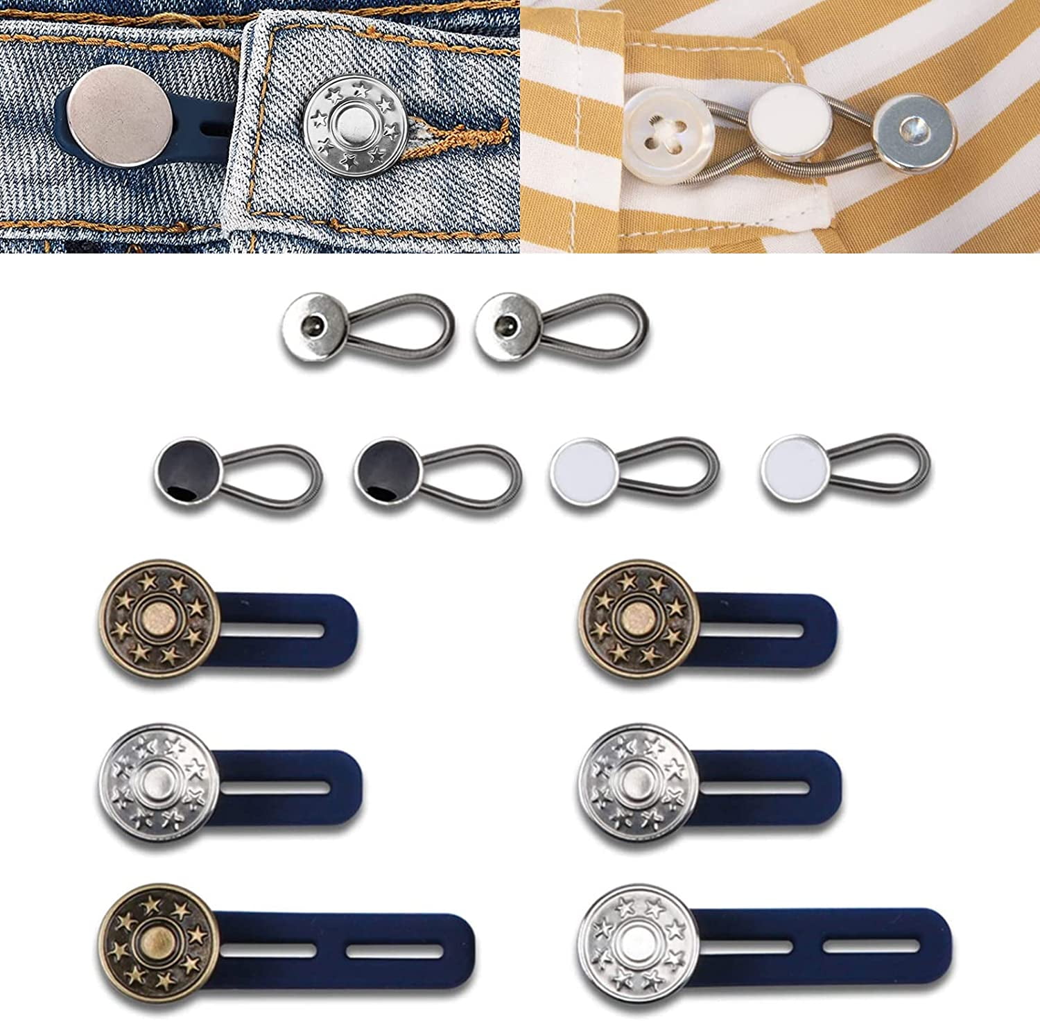 Adjustable Jeans Extender Buttons, 12 Pack Jeans and Collar Extender Buttons, 6 Styles, Instantly Extend Your Pants Waistband, No Sewing Required, Perfect Fit