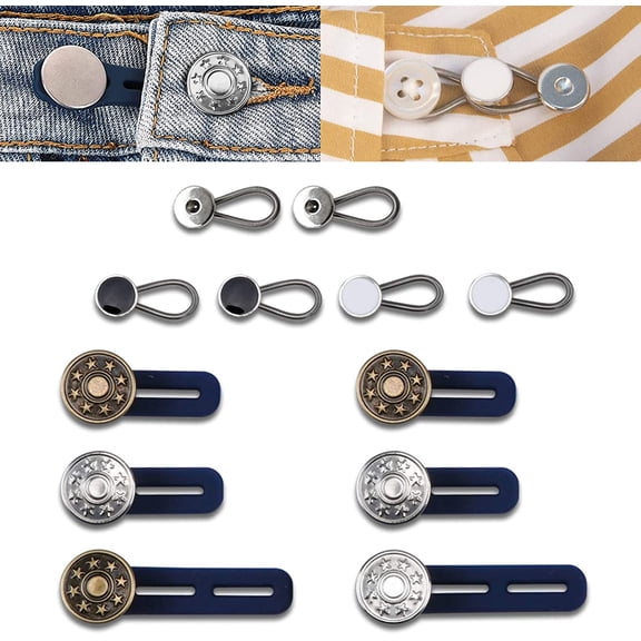 Adjustable Jeans Extender Buttons, 12 Pack Jeans and Collar Extender Buttons, 6 Styles, Instantly Extend Your Pants Waistband, No Sewing Required, Perfect Fit