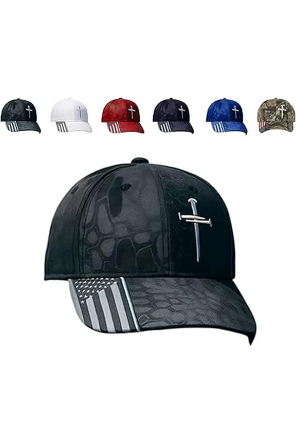 Adjustable Jesus 3 Nail Cross Hat, with American Flag, Religious 3 Nail Cross Design Christian Baseball Caps