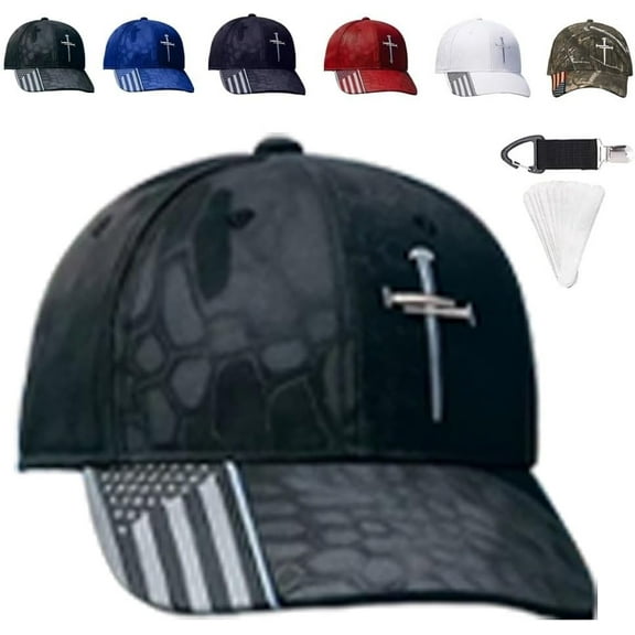 Adjustable Jesus 3 Nail Cross Hat with American Flag, Religious 3 Nail Cross Design Christian Baseball Caps