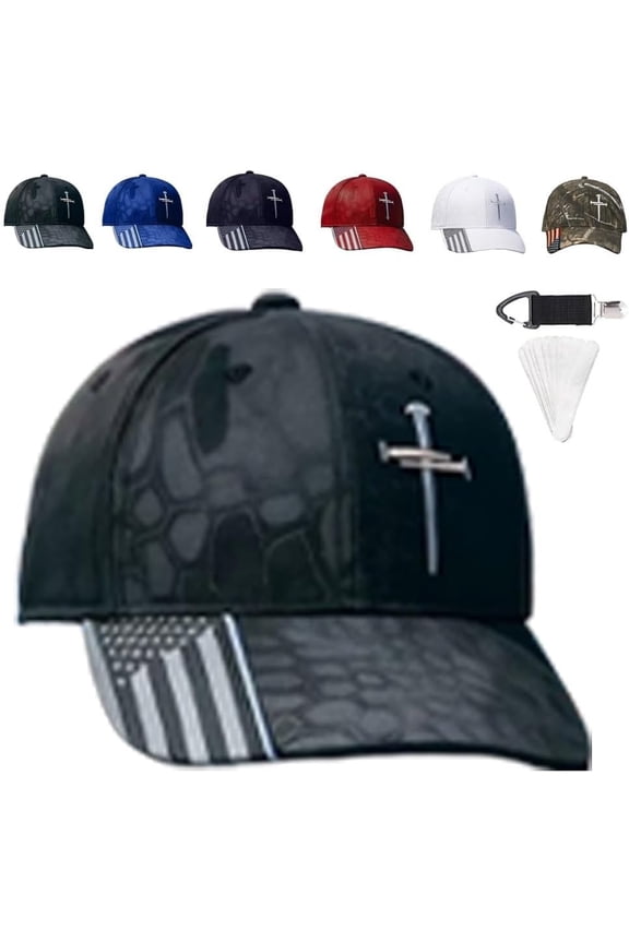 Adjustable Jesus 3 Nail Cross Hat with American Flag, Religious 3 Nail Cross Design Christian Baseball Caps