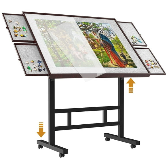 Adjustable Jigsaw Puzzle Table with Cover & Drawers, 1500-Piece Capacity, 3426in Puzzle Board with Legs & Height Adjustment (Coffee Color)