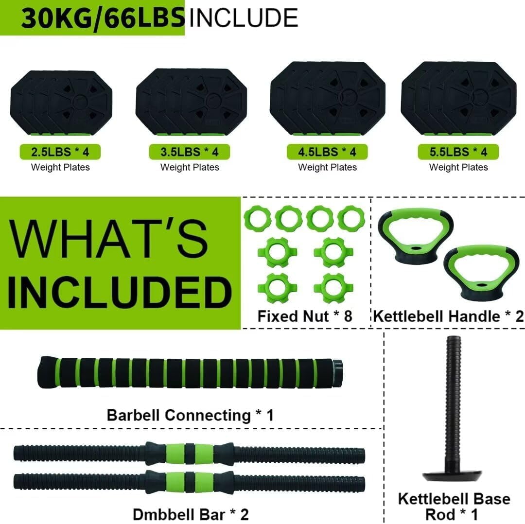 Adjustable Kettlebell Set, 4 in 1 Adjustable Dumbbell Set,44lbs/66lbs/88lbs Weight Set Used as Kettlebells, Barbell, Push up Stand for Home Gym,Octagon