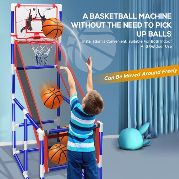 Adjustable Kids Basketball Game Set with 4 Balls and Hoop for Ages 3-12 Indoor/Outdoor Sport Play, 34.6" to 55.1" Height, Holiday Gift Toy for Boys & Girls