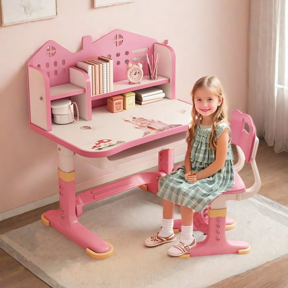 Adjustable Kids Desk and Chair Set with Bookshelf & Storage - Study Table with Fun Colors for Children's Room