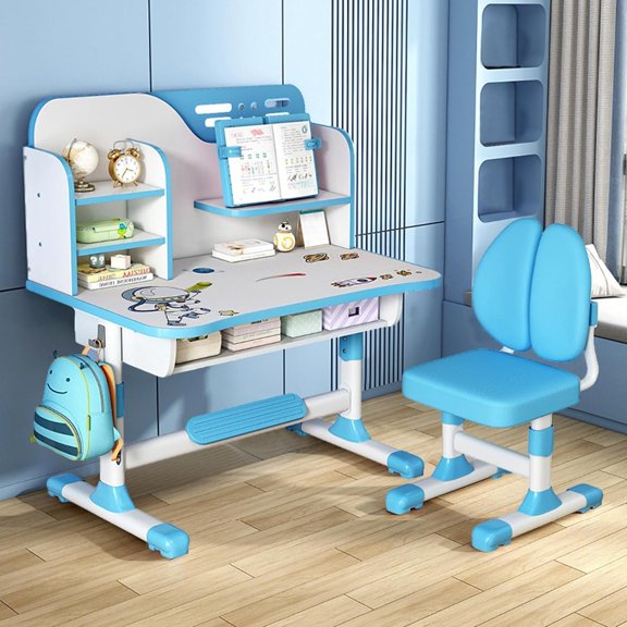 Adjustable Kids Study Table & Chair Set, Blue, with Writing Board, Drawer & Bookshelf