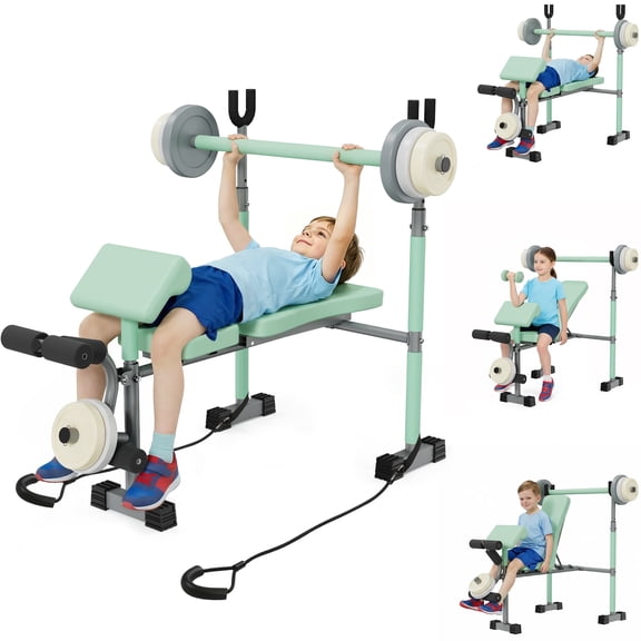 Heypappy Adjustable Kids Weight Bench, Kids Workout Bench with Preacher Pad, Leg Developer and Fillable Weight Plates for Home Gym