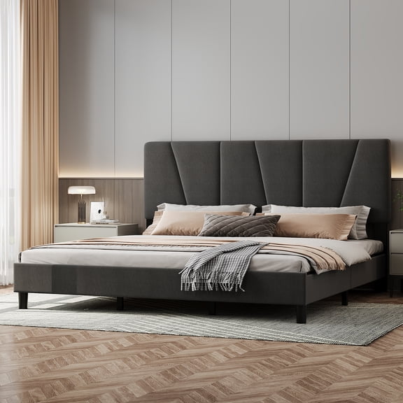 Adjustable King Size Bed Frame with Linen Upholstered Headboard, Sturdy Wooden Slats Platform Bed, No Box Spring Needed, Mattress Foundation Included