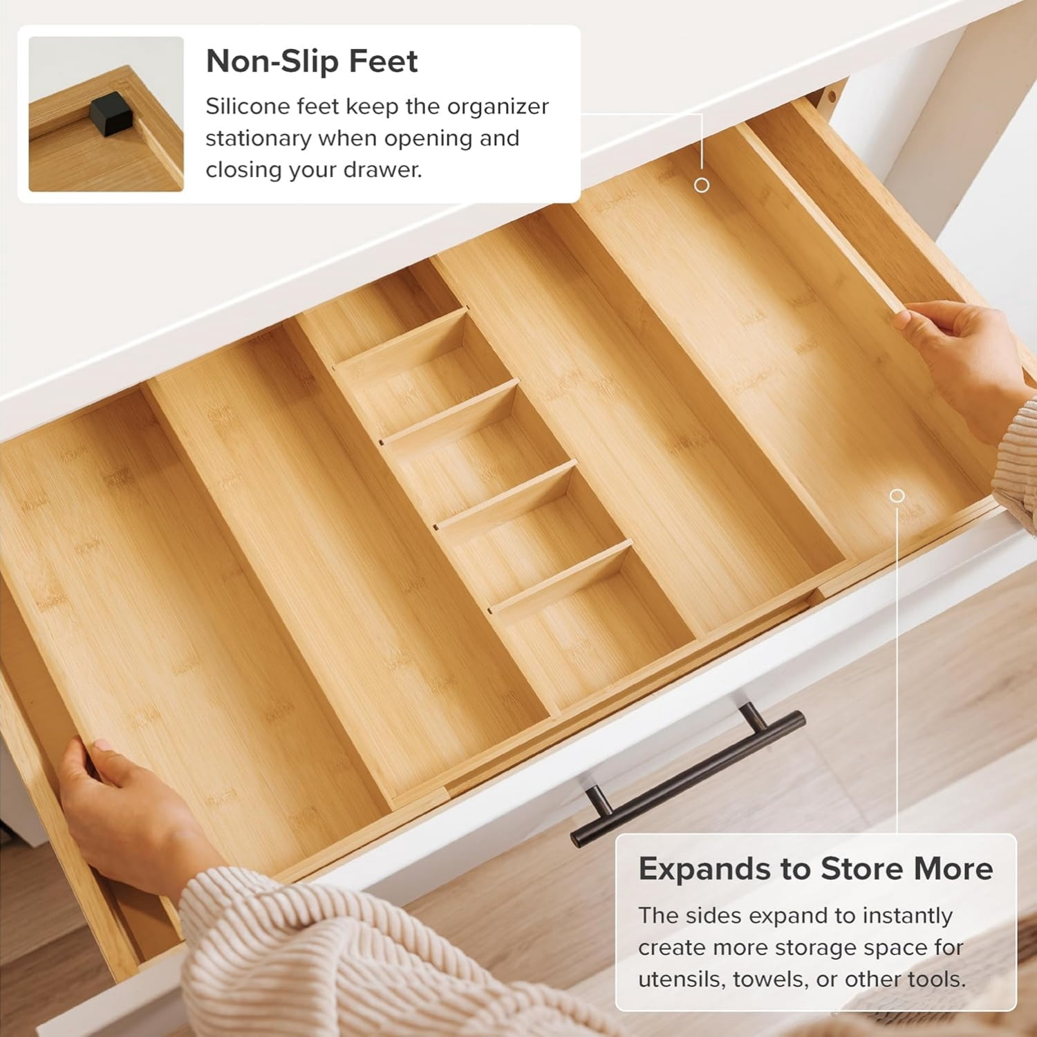 Adjustable Kitchen Drawer Organizer for Utensils and Junk, Food-Safe Contract Grade with 100%  Wood, Non-Slip, Expandable from 16" to 28" Wide - Bamboo