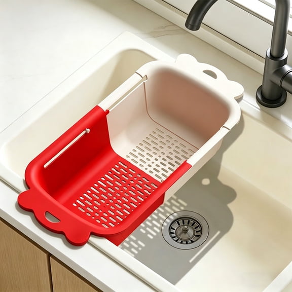 Adjustable Kitchen Sink Basket – 48.1x21x9.1 cm Multi-Functional Vegetable Dehydrator & Dish Drying Rack,Telescopic Colander with Drainage Holes,Hanging Storage, Red & White