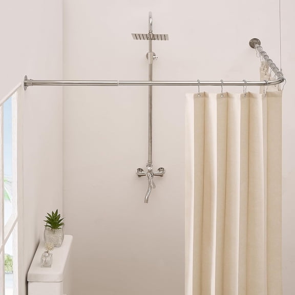 Adjustable L-Shaped Shower Curtain Rod, 24"-53" Extendable Corner Rod, 90-Degree Curve No-Sag Stainless Steel with 12 Rings & Ceiling Support for Bathtub