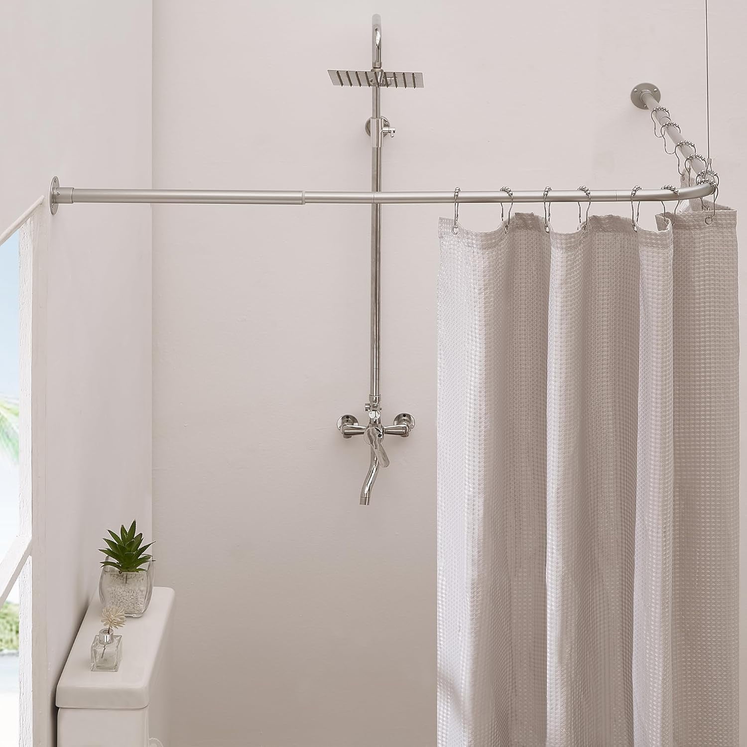 Adjustable L Shaped Shower Rod No-Sagging 90 Degree Curved Curtain Rod ...