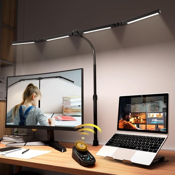 Adjustable LED Desk Lamp Stepless Dimming & Color Temp Remote Control, Eye-Caring Large Light Souce, Flexible Neck, Clamp, Lighting Modes for Reading, Computer, DIY