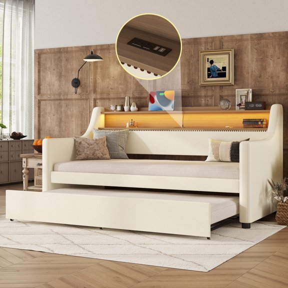 Adjustable LED Light & Comfortable Backrest - White Twin Daybed for Night Comfort