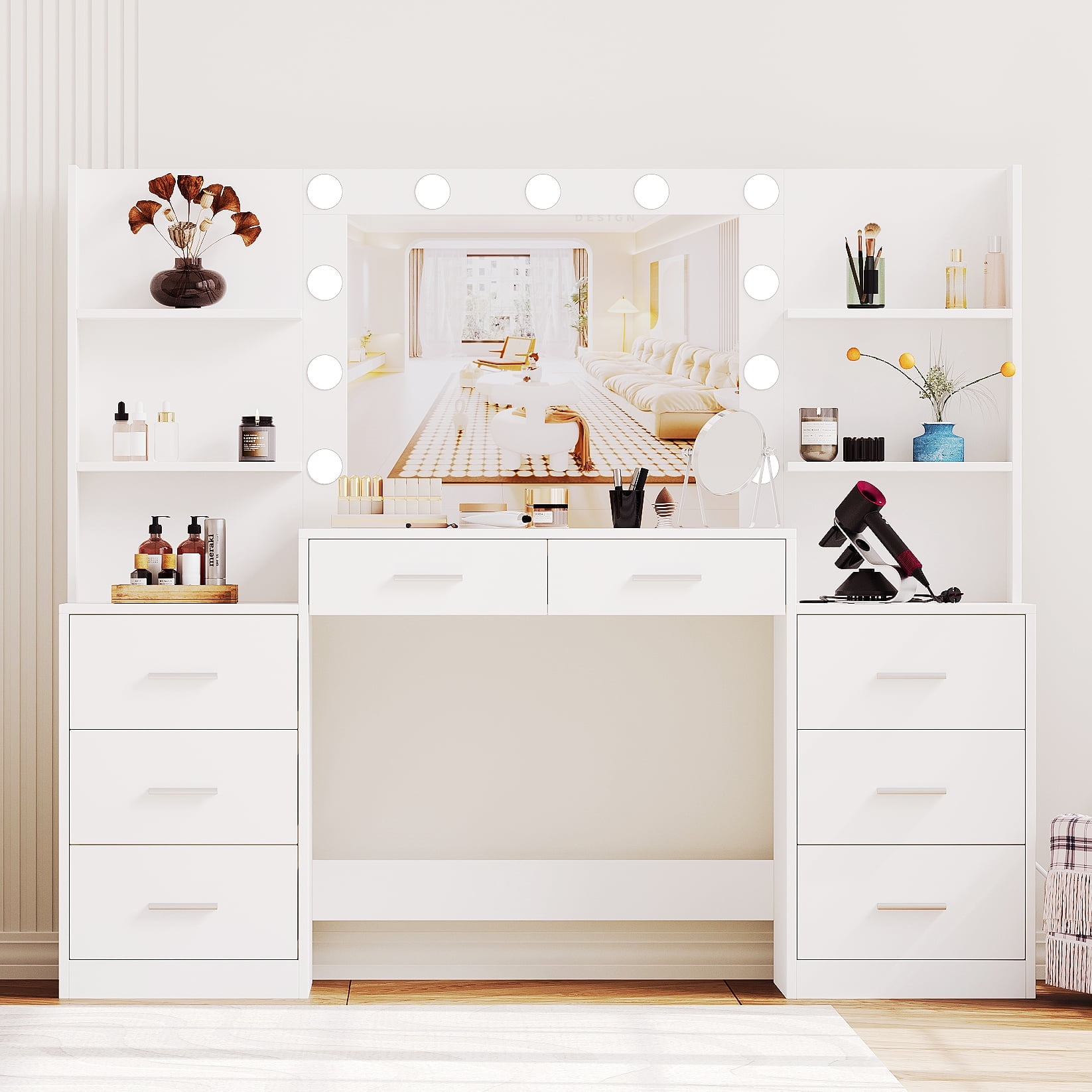 Adjustable LED Lights Mirror Makeup Vanity Drawers Table Set White
