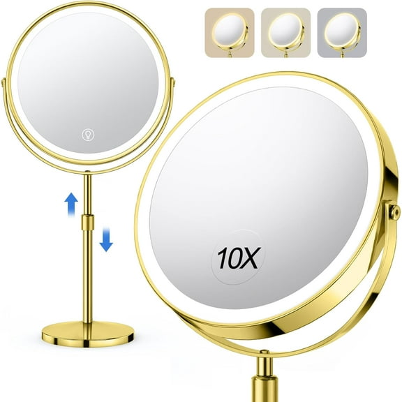 Adjustable LED Vanity Mirror, 1X/10X Magnification, 360° Rotation, 3 Color Modes, Rechargeable, For Makeup & Skincare
