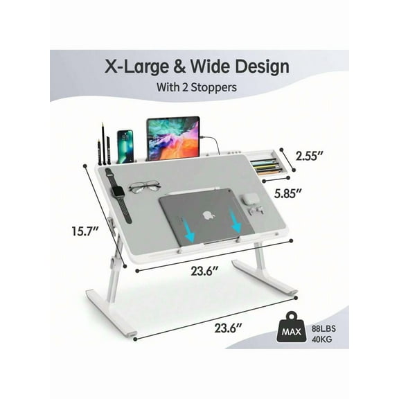 Adjustable Laptop Bed Desk - Height/Tilt Adjustable, USB Port + Foldable Storage Drawer