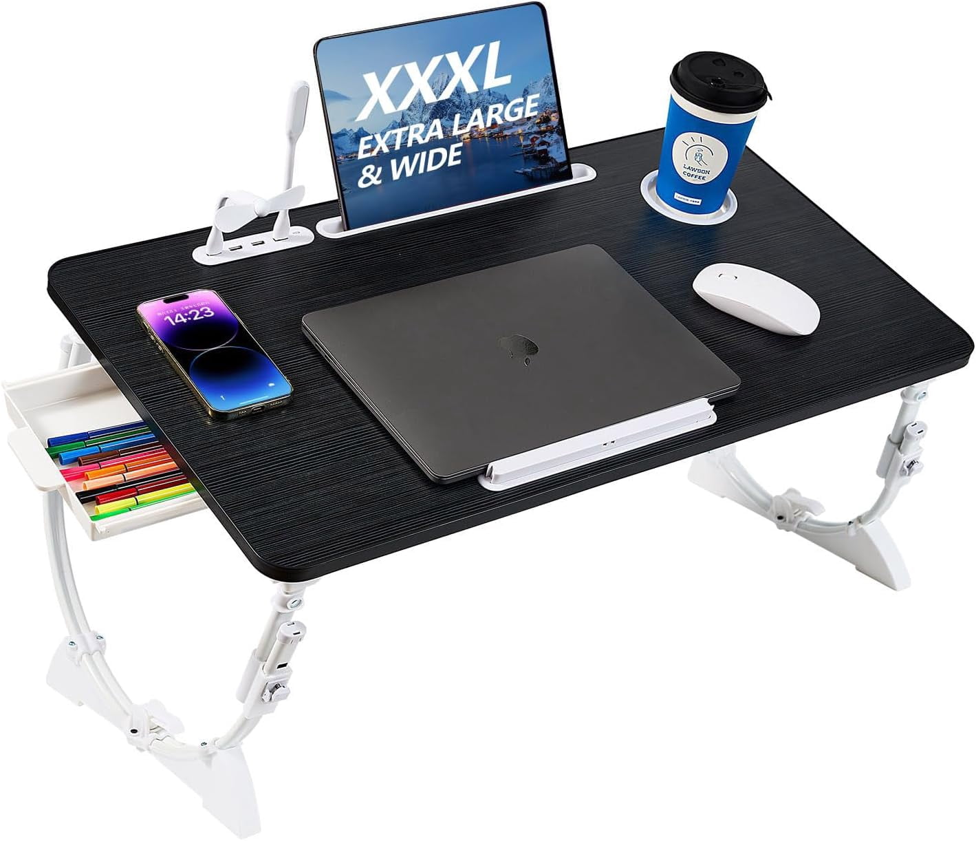 Adjustable Laptop Bed Desk with USB Ports, Storage Drawer, Cup Holder ...