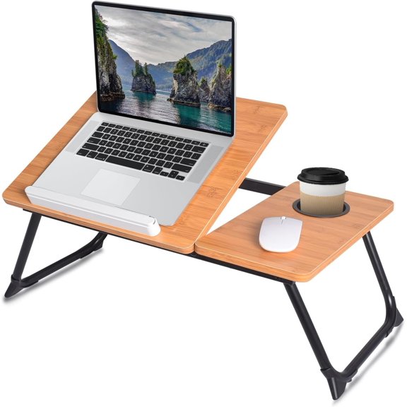 Adjustable Laptop Bed Table with Book Stand, Portable Reading Desk with Side Panel, Grain
