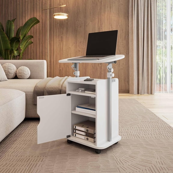Adjustable Laptop Cart with Storage, Rolling Mobile Workstation Desk with Cabinet, Shelf & Locking Wheels. Height Adjustable Sit to Stand for Home Office, Bedside, or Classroom (White)