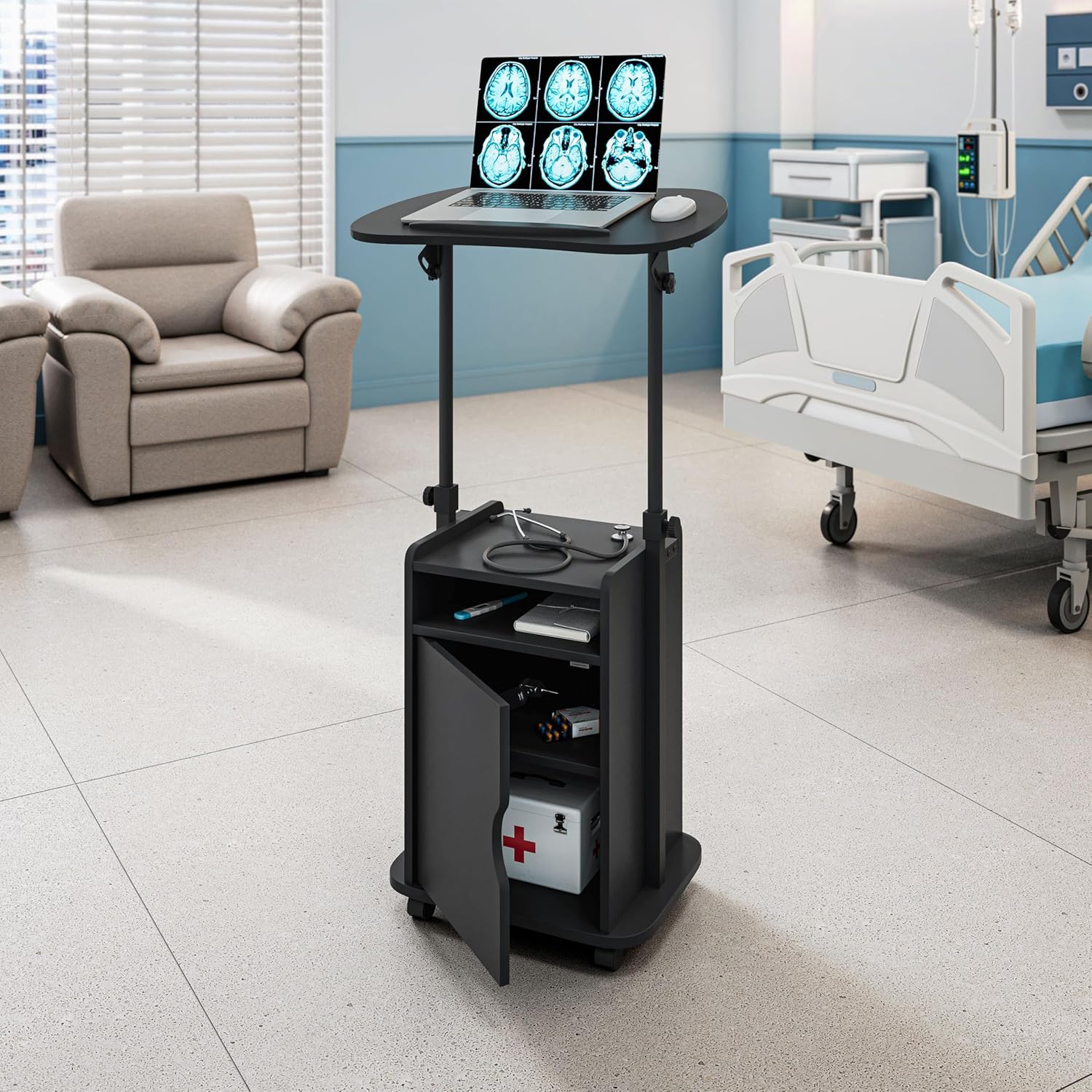 Adjustable Laptop Cart with Storage, Rolling Mobile Workstation Desk ...