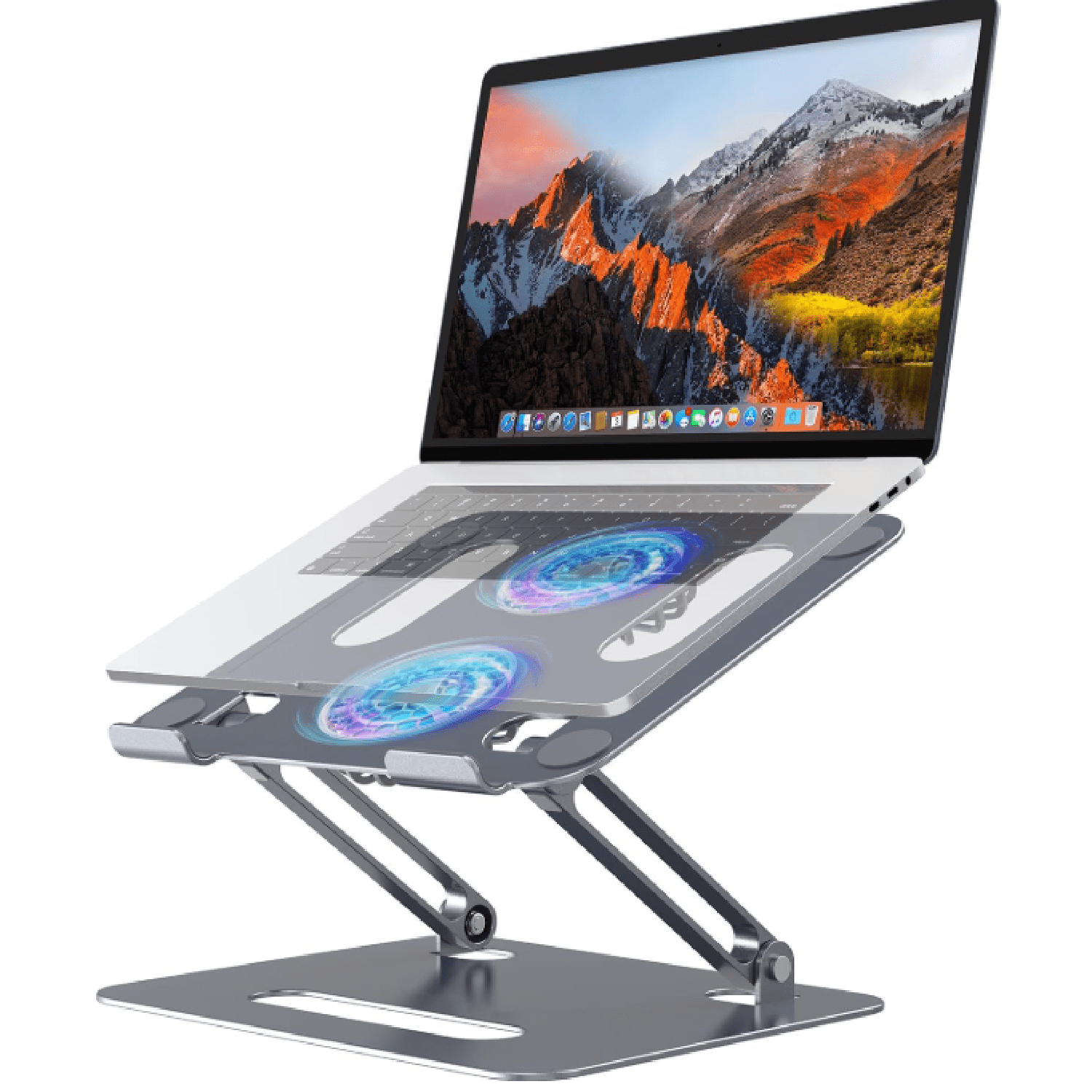 Adjustable Laptop Cooling Stand with 2 Quiet Fans & RGB Lighting, Aluminum Alloy & Foldable Ergonomic Design for MacBook