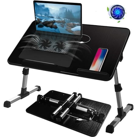 Adjustable Laptop Desk Table for Bed, Foldable Computer Stand [Large Size] Tiltable Notebook Tray with Cooling Fan for Sofa Couch Floor (Black)
