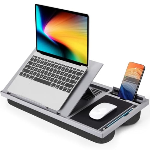 Adjustable Laptop Desk with Cushion, Mouse Pad and Cellphone Slot - Laptop Stand for Bed and Couch, Riser for Home and Office Grey