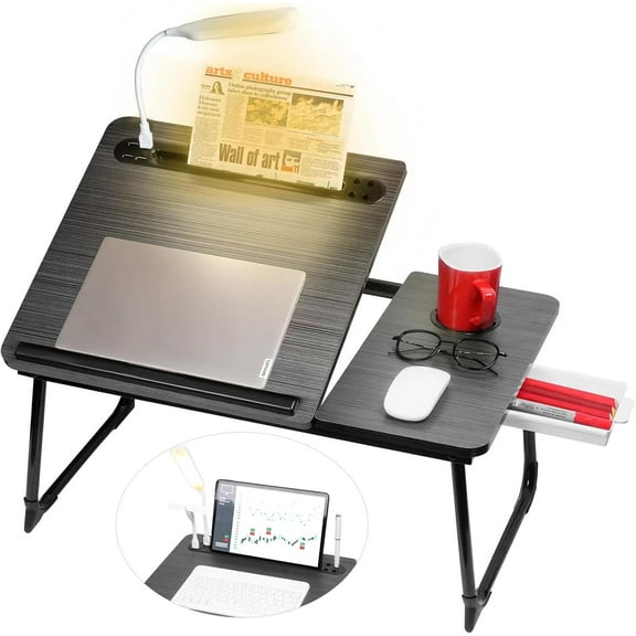 Adjustable Laptop Desk with Light, Port, Drawer Storage - Larger Adjustable Lap Desk for Bed, Home Office, Breakfast Tray, Fordable Legs Desk