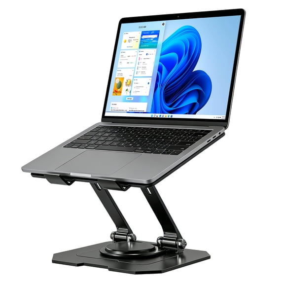 Adjustable Laptop Stand with 360 Swivel Base, Carbon Steel Foldable Computer Riser One-Hand Rotation, Ergonomic Desktop Notebook Holder for Collaborative Work, Fits 10-17" Laptops Tablets, Black