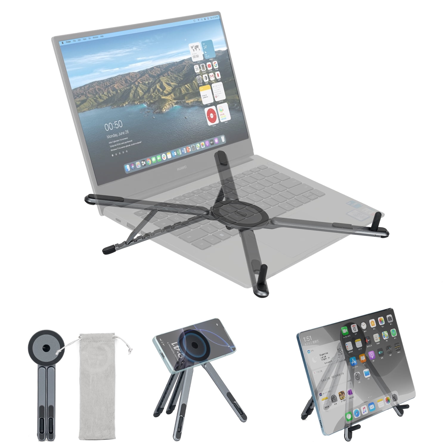 Adjustable Laptop Stand for Desk & Travel - Magnetic Phone Holder Tripod for MagSafe iPhone, Aluminum Foldable Portable Computer Stand Compatible with 10–16" Laptops and 4–13" Phones/Tablets