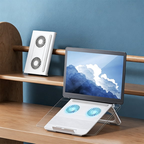 Adjustable Laptop Stand, Foldable Portable Laptop Riser, with Dual Cooling Fans, Ergonomic Desk Holder for Notebook & Tablet with Heat Dissipation, White