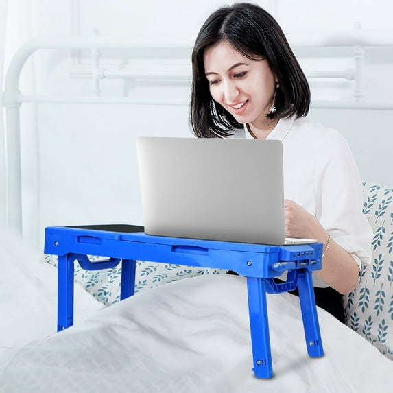 Adjustable Laptop Stand Portable Laptop Desk Ergonomic Table Stand with Cooling Fans Mouse Pad LED Light TV USB Port Bed Lap Tray Standing Desk Laptop Holder Desk for Office Bed Sofa Blue