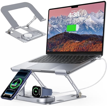 Adjustable Laptop Stand with 3-in-1 Wireless Charger Base, Foldable Aluminum Riser for Phone Watch Earbuds White