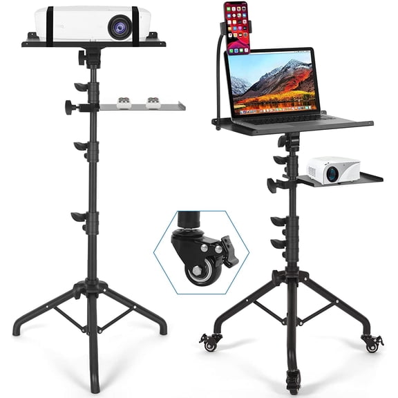 Adjustable Laptop Tripod Cart with Wheels and 2 Shelves | Portable Projector Stand with Phone Holder, Height 26-52 Inch