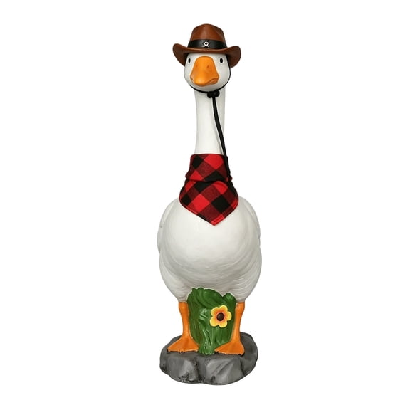 Adjustable Large Porch Goose Statue – 13” Realistic Hollow Plastic Garden Goose with Removable Cowboy Hat & Bandana, Stone Base with Sand-Fillable Design for Outdoor Stability
