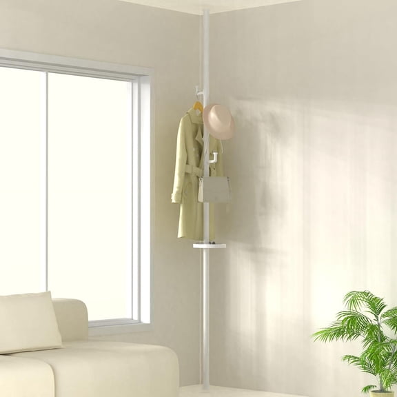 Adjustable Laundry Pole 6-Tier Standing Clothes Drying Rack Coat Hanger DIY Floor to Ceiling Tension Rod Storage Organizer for Indoor, Balcony,Living Room, Bed Room(White)