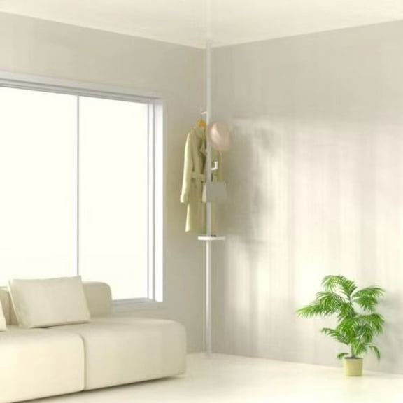 Adjustable Laundry Pole with Trays Space-Saving Vertical Storage Organizer for Indoor & Balcony Use, Stainless Steel & ABS Multi-Purpose Drying Rack White