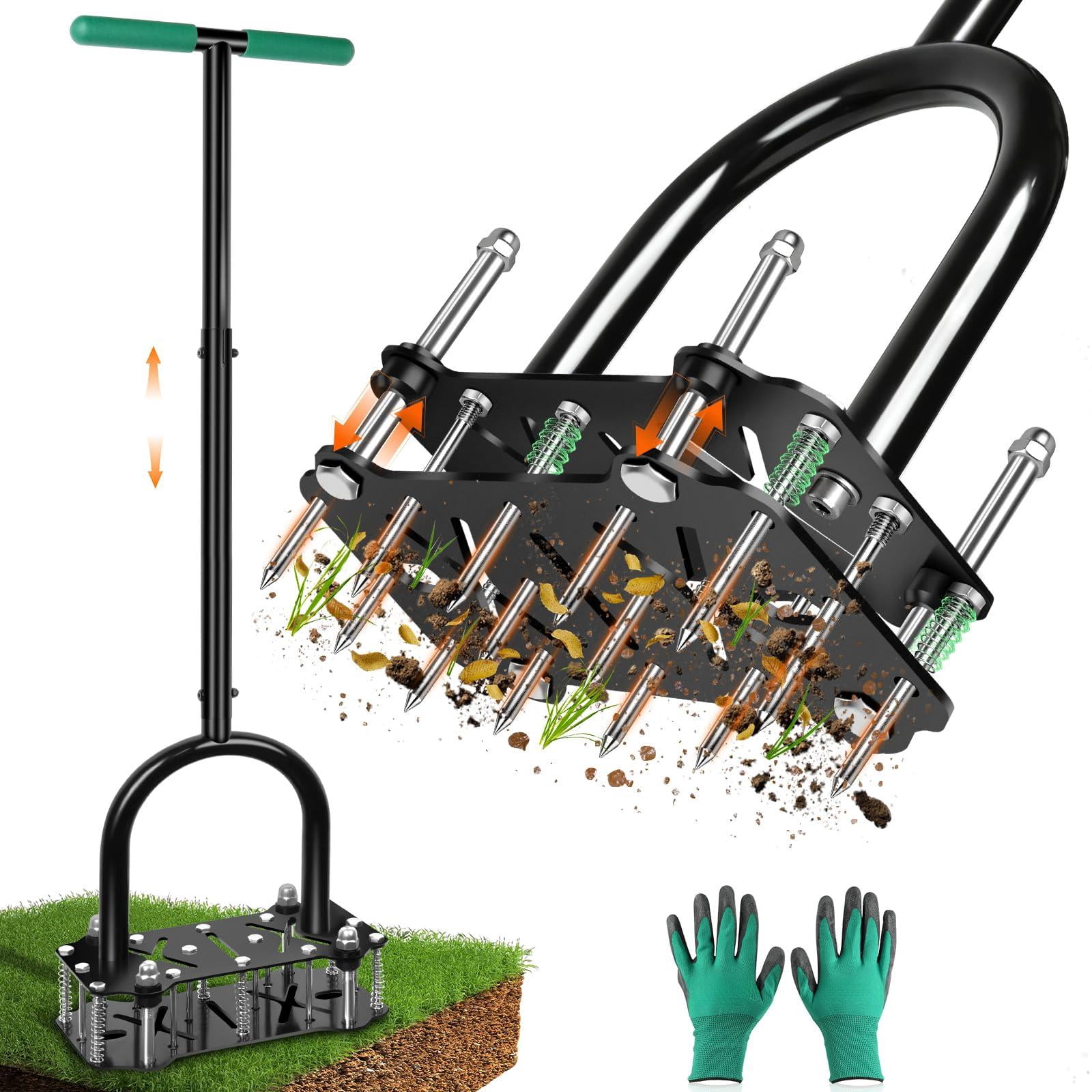 Adjustable Lawn Aerator Tool With Rebound Spring - 16 Metal Spikes Soil T-handle & Wide Foot Plate  Heavy Duty Yard For Garden Care