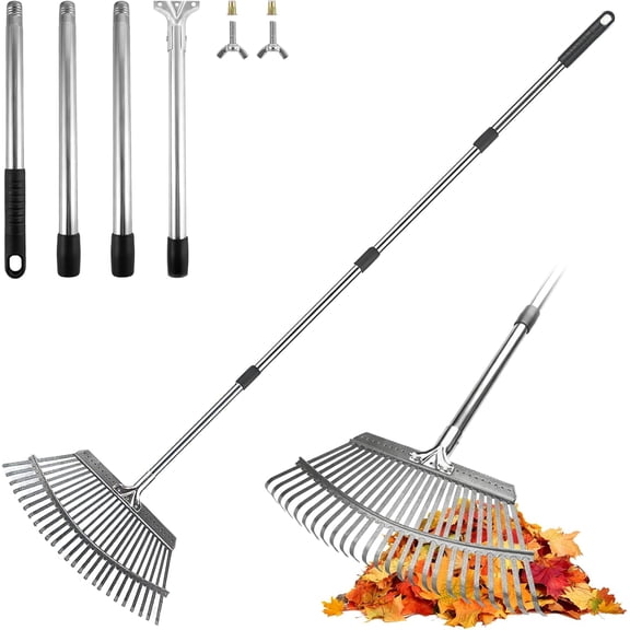 Adjustable Leaf Rake, 18-Inch Wide Heavy Duty Garden Rake with 62-Inch Long Handle, Large Metal for Lawn Yard Grass, Flower Beds, Outdoor Use, Rastrillo para Jardin