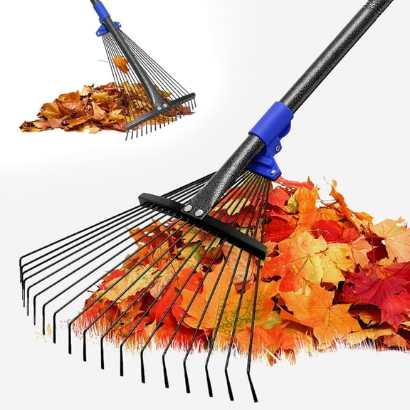 Adjustable Leaf Rake, Heavy Duty Metal Rake for Leaves, Long Handle 30'-60' with Expandable Head 8'-17', Collapsible Small Rakes for Lawns, Gardening, Yard, Camping, Shrub, Grass, Bush, Weed, Debris