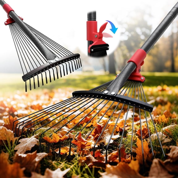 Adjustable Leaf Rake - Metal Garden with 8"-17" Expandable Head, 70" Long Handle, Lightweight Collapsible Design for Leaves & Pine Needles,Lightweight Flower Beds,Yard, Shrubs,Camping