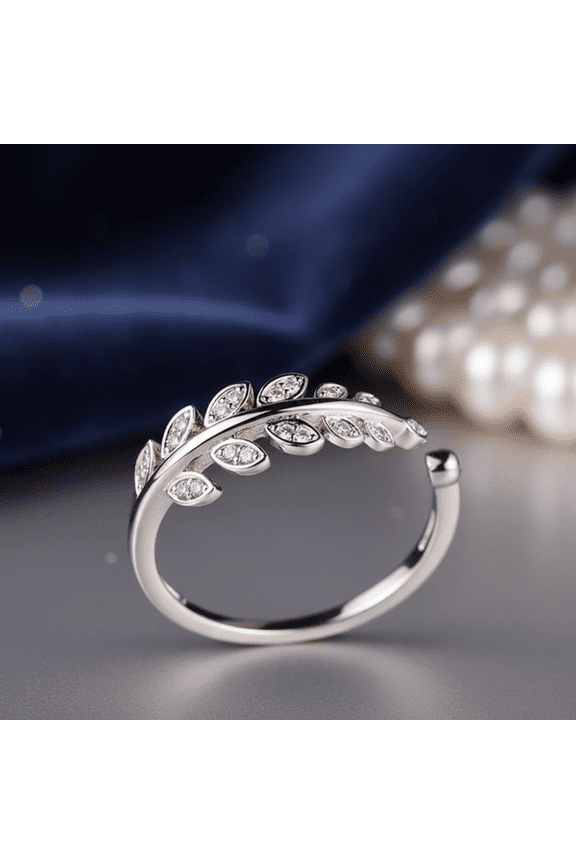 Adjustable Leaf Vine Ring Stainless Steel Open Band Ring with White Zirconia Leaf Design Elegant Nature Inspired Fashion Jewelry Minimalist Statement Accessory
