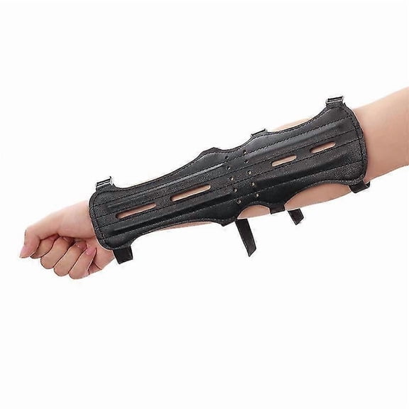 Adjustable Leather Archery Arm Guard Camo 4 Straps & Silicone Finger Saver Shooting Hunting Protective Gear(black)(1pcs)