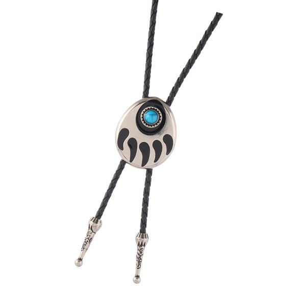 Adjustable Leather Cord Bolotie With Turquoises Accent Bear Claw Charm Necklace Necktie For Country Weddings Or Office